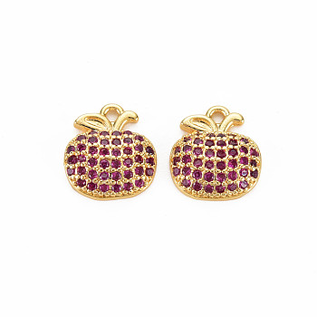 Rack Plating Brass Micro Pave Medium Violet Red Cubic Zirconia Charms, Nickel Free, Apple, Real 18K Gold Plated, 11x10x3mm, Hole: 1.2mm