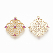 Brass Micro Pave Cubic Zirconia Pendants, Flower, Nickel Free, Real 18K Gold Plated, Medium Violet Red, 16x15x2mm, Hole: 0.8mm(ZIRC-Q014-064G-01)
