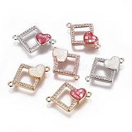 Brass Micro Pave Cubic Zirconia Links, with Shell, Rhombus with Heart, Mixed Color, 15x21x4.5mm, Hole: 1.2mm(BSHE-F012-02)