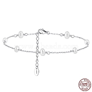 Rhodium Plated 925 Sterling Silver Cable Chain Anklet with Oval Natural Freshwater Pearls for Women, with S925 Stamp, Real Platinum Plated, 8-1/2 inch(21.5cm)(AJEW-F162-003P)