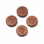 Laser Engraved Wood Beads, Flat Round with 12 Constellations, Dyed, Camel, Virgo, 12x4mm, Hole: 1.6mm(WOOD-S053-53E)
