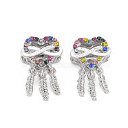 Rack Plating Alloy European Dangle Charms, with Colorful Rhinestone, Large Hole Pendants, Cadmium Free & Nickel Free & Lead Free, Woven Net/Web with Feather, Platinum, 21.5mm, Hole: 5mm, Feather: 12x2.5x1.5mm(MPDL-N039-070P)