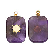 Natural Amethyst Pendants, Rectangle Charms with Golden Tone Stainless Steel Sun Slice, 21.5x13mm, Hole: 1.5mm(FIND-PW0015-01B-11)