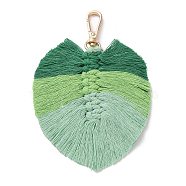 Handmade Braided Macrame Cotton Thread Leaf Pendant Decorations, with Brass Clasp, Coconut Brown, 13.5cm(GLAA-K060-08KCG-03)