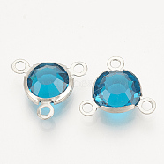 Glass Charms, with 304 Stainless Steel Finding, Flat Round, Faceted, Stainless Steel Color, Deep Sky Blue, 12x13x4mm, Hole: 1.5mm(GLAA-S171-004D)