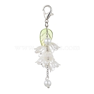 Acrylic Pendant Decorations, with Glass Imitation Pearl Beads and Alloy Lobster Claw Clasps, Flower with Leaf, Beige, 70mm(HJEW-JM01780-03)