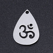 Chakra Theme, 201 Stainless Steel Laser Cut Pendants, teardrop, with Aum/Om Symbol, Stainless Steel Color, 15x10x1mm, Hole: 1.2mm(STAS-S105-T894-1)