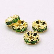 Brass Rhinestone Spacer Beads, Grade A, Rondelle, Golden and Nickel Free, Green, about 8mm in diameter, 3.8mm thick, hole: 1.5mm(RSB030NF-10G)
