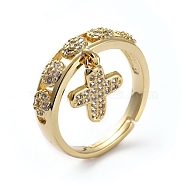Adjustable Brass Cuff Rings, Open Rings, with Micro Pave Cubic Zirconia and Charms, Cross, Golden, Size 7, 17mm(RJEW-G096-09G)