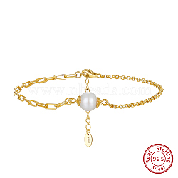 Natural Pearl Link Bracelets with 925 Sterling Silver Chains, with S925 Stamp, Real 14K Gold Plated, 7-1/8 inch(18.2cm)(BJEW-Z025-03G)