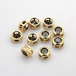 Real 18K Gold Plated Brass Rhinestone Beads, Flat Round, Nickel Free, Hematite, 7x4mm, Hole: 2x2mm(KK-J198-29G)