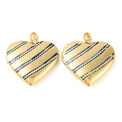 Rack Plating Brass Locket Pendant, with Enamel, Long-Lasting Plated, Heart, Real 18K Gold Plated, Dark Blue, 29x28.5x6.5mm, Hole: 5.5x3.5mm, Inner Diameter: 16.5x21mm(KK-H486-04G-01)