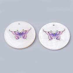 Freshwater Shell Pendants, Flat Round with Butterfly, Creamy White, 30x3~4mm, Hole: 2mm(SHEL-Q020-07B)