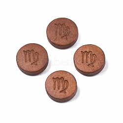 Laser Engraved Wood Beads, Flat Round with 12 Constellations, Dyed, Camel, Virgo, 12x4mm, Hole: 1.6mm(WOOD-S053-53E)