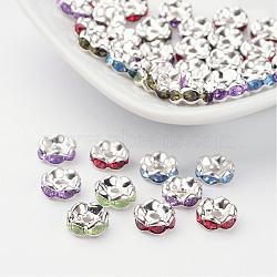 Acrylic Brass Rhinestone Spacer Beads, Grade B, Rondelle, Silver Color Plated, Mixed Color, Size: about 8mm in diameter, hole: 1.2mm(X-RSB8mm)