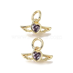 Brass Micro Pave Purple Cubic Zirconia Charms, with Jump Ring, Heart with Wing Charms, Rack Plating, Long-Lasting Plated, Cadmium Free & Lead Free, Real 18K Gold Plated, 6x12x2mm, Hole: 3mm(CU-L001-19G-08)