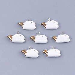 Handmade Porcelain Charms, Bright Glazed Porcelain, with Brass Findings, Whale, Platinum, White, 13x19.5x4.5mm, Hole: 1.5mm(PORC-T002-108)