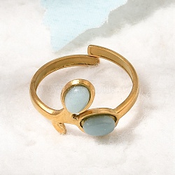 304 Stainless Steel Cuff Open Rings, Leaf, with Natural Amazonite Beads, Ion Plating(IP), Golden, 14mm, Inner Diameter: 18mm(RJEW-F213-04G-09)