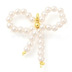 ABS Plastic Pearl Beaded Pendants, Bowknot Charms with Rack Plating Brass Findings, Long-Lasting Plated, Lead Free & Cadmium Free, Real 18K Gold Plated, 29x30x3.3mm, Hole: 2mm(KK-S396-34G)