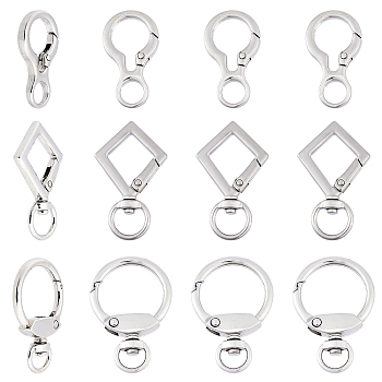 WADORN 12Pcs 3 Style Alloy Spring Gate Ring, Swivel Snap Hook, Platinum, 4pcs/style