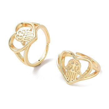 Brass Adjustable Rings for Women, Heart with Hamsa Hand, Real 18K Gold Plated, Inner Diameter: 18.4mm