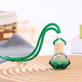 8ML Polygon Glass Perfume Bottles Air Freshener Diffuser Bottle Hanging Ornamen, with Wood Lid, for Car Rear View Mirror Decoration, Green, 200mm, Capacity: 8ml(0.27fl. oz)