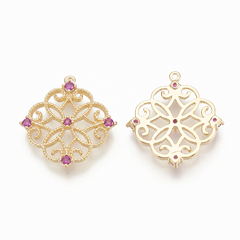 Brass Micro Pave Cubic Zirconia Pendants, Flower, Nickel Free, Real 18K Gold Plated, Medium Violet Red, 16x15x2mm, Hole: 0.8mm
