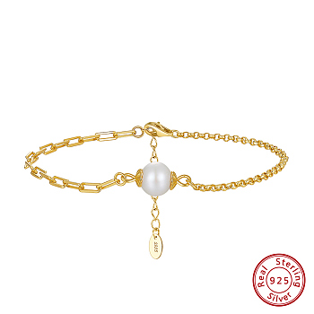 Natural Pearl Link Bracelets with 925 Sterling Silver Chains, with S925 Stamp, Real 14K Gold Plated, 7-1/8 inch(18.2cm)