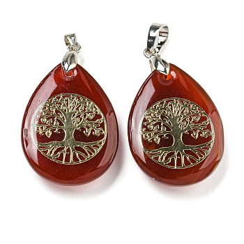 Natural Carnelian(Dyed & Heated) Teardrop Pendants, Golden Tree of Life Charms with Rack Plating Platinum Tone Brass Snap on Bails, Platinum, Cadmium Free & Lead Free, 37x23x7mm, Hole: 5x4mm