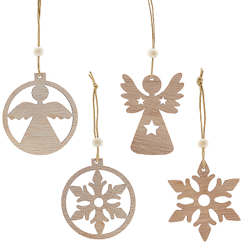 2 Sets 2 Style Christmas Theme Wood Pendants Decoration, for Christmas Tree Hanging Decorations, Snowflake & Flat round, Mixed Shapes, 105~124mm, 12pcs/set, 1 set/style