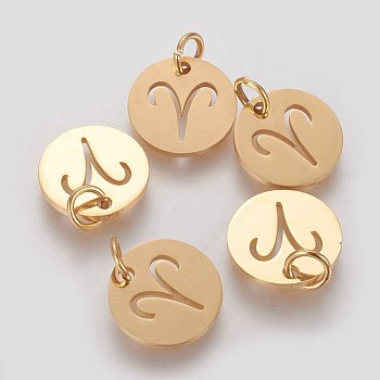 304 Stainless Steel Charms, Flat Round with Constellation/Zodiac Sign, Golden, Aries, 12x1mm, Hole: 3mm