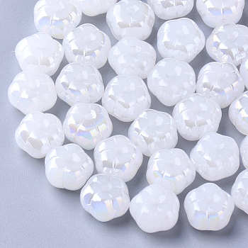 Imitation Jade Glass Beads, AB Color Plated, Flower, White, 9.5x9.5x6.5mm, Hole: 1.2mm