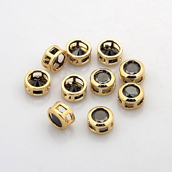 Real 18K Gold Plated Brass Rhinestone Beads, Flat Round, Nickel Free, Hematite, 7x4mm, Hole: 2x2mm