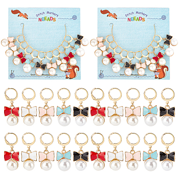 Alloy Enamel Bowknot Locking Stitch Markers, with Golden Tone 304 Stainless Steel Ring, with Resin Imitation Pearl Beads, Mixed Color, 3.5cm, 5 colors, 2pcs/color, 10pcs/set