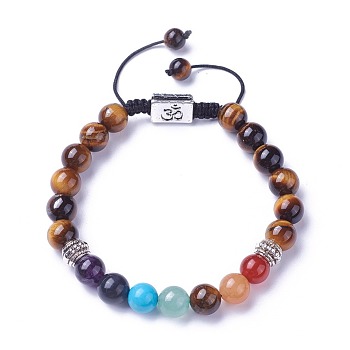 Chakra Jewelry, Natural & Synthetic Mixed Stone Braided Bead Bracelets, with Natural Tiger Eye, Alloy Findings and Nylon Cord, Rectangle with Om Symbol, 2 inch~3 inch(5.2~7.6cm)