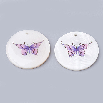 Freshwater Shell Pendants, Flat Round with Butterfly, Creamy White, 30x3~4mm, Hole: 2mm