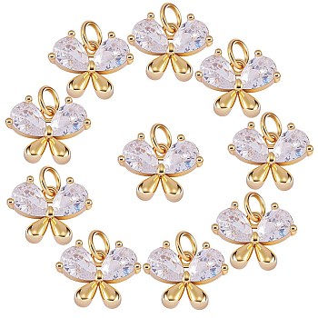 10Pcs Brass Micro Pave Clear Cubic Zirconia Charms, Long-Lasting Plated, Butterfly, Real 18K Gold Plated, 11x14x4.5mm, Hole: 3.4mm