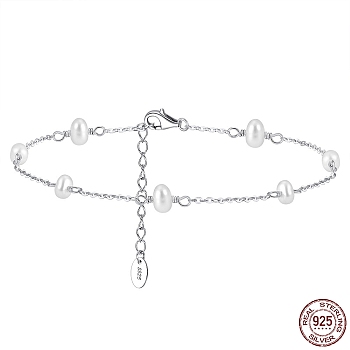 Rhodium Plated 925 Sterling Silver Cable Chain Anklet with Oval Natural Freshwater Pearls for Women, with S925 Stamp, Real Platinum Plated, 8-1/2 inch(21.5cm)