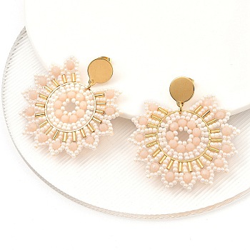 304 Stainless Steel & Bohemian Beaded Flower Dangle Stud Earrings for Women, Golden, Snow, 54x50x4.5mm, Pin: 0.8mm