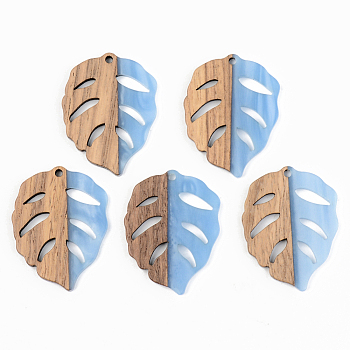 Opaque Resin & Walnut Wood Pendants, Leaf, Cornflower Blue, 37x28x3mm, Hole: 2mm