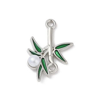 Alloy Green Enamel Bamboo Shaped Connector Charms, with ABS Imitation Pearl, Cadmium Free & Nickel Free & Lead Free, Rack Plating, Platinum, 18.5x12x5mm, Hole: 1.2mm