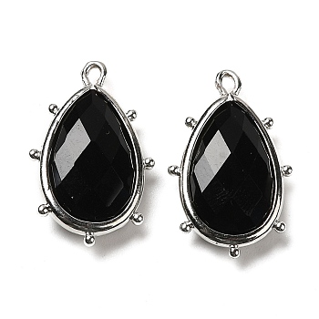 Natural Obsidian Pendants, with Platinum Brass Edge, Faceted, Teardrop, 22.5x14x5.5mm, Hole: 1.6mm.
