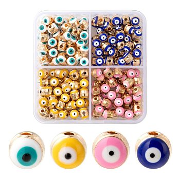 200Pcs 4 Colors Alloy Enamel Beads, Column with Evil Eye, Light Gold, Mixed Color, 5.5x6x6mm, Hole: 1.4mm, 50pcs/color