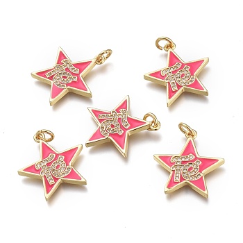 Brass Micro Pave Clear Cubic Zirconia Pendants, with Enamel and Jump Rings, Star with Word, Real 18K Gold Plated, Cerise, 20x19x2mm, Hole: 3mm