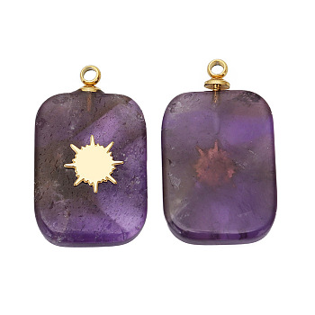 Natural Amethyst Pendants, Rectangle Charms with Golden Tone Stainless Steel Sun Slice, 21.5x13mm, Hole: 1.5mm