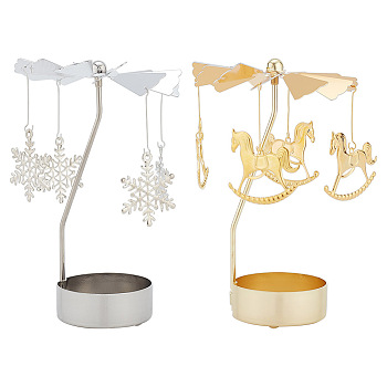 2 Sets 2 Style Iron Rotating Merry-Go-Round/Snowflake Tealight Candle Holder, for Candle Lover, Romantic Wedding, Christmas Party, Platinum & Golden, Finished Product: 8x13cm, 1 set/style