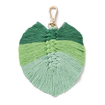 Handmade Braided Macrame Cotton Thread Leaf Pendant Decorations, with Brass Clasp, Coconut Brown, 13.5cm