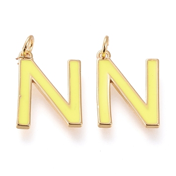 Brass Enamel Pendants, with Jump Ring, Long-Lasting Plated, Real 18K Gold Plated, Letter.N, Champagne Yellow, Letter.N, N: 18x13x1.8mm, Jump Rings: Inner Diameter: 3mm