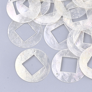 Capiz Shell Pendants, Flat Round with Rhombus, WhiteSmoke, 44~45x0.5~3mm, Hole: 1.2mm
