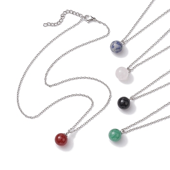 Round Gemstone Pendant Necklaces, 304 Stainless Steel Cable Chain Necklaces, Stainless Steel Color, 16.54 inch(42cm)